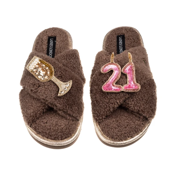 Laines London Laines Neutral Boucle Slippers With 21ST Birthday & Champers Brooches