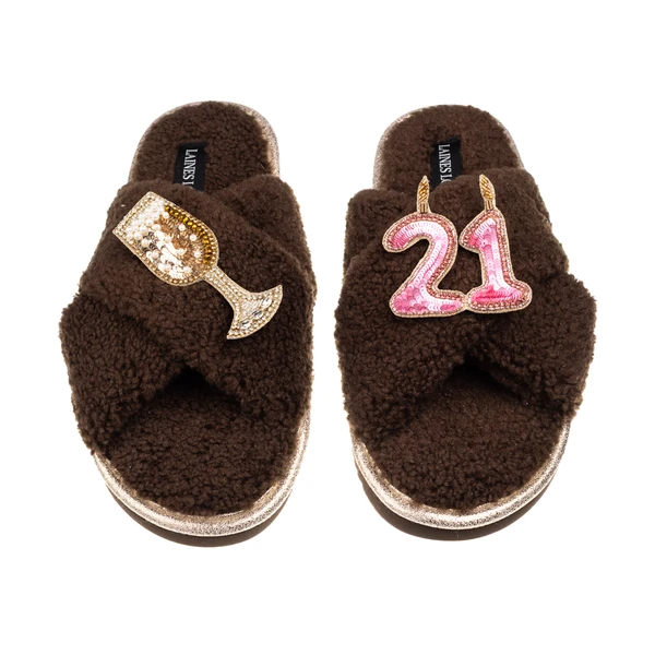 Laines London Laines Neutral Boucle Slippers With 21ST Birthday & Champers Brooches