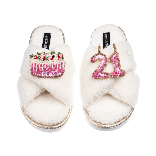 Laines London Laines Neutral Boucle Slippers With 21ST Birthday & Cake Brooches