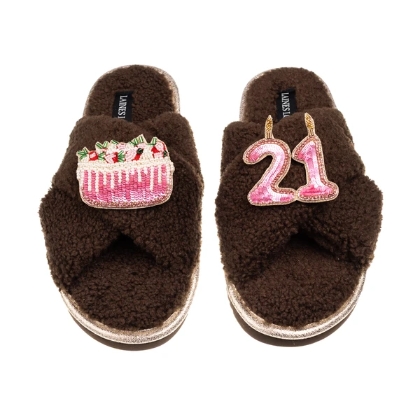 Laines London Laines Neutral Boucle Slippers With 21ST Birthday & Cake Brooches