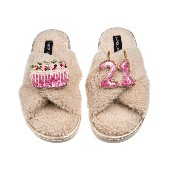 laines london Laines Neutral Boucle Slippers With 21ST Birthday & Cake Brooches