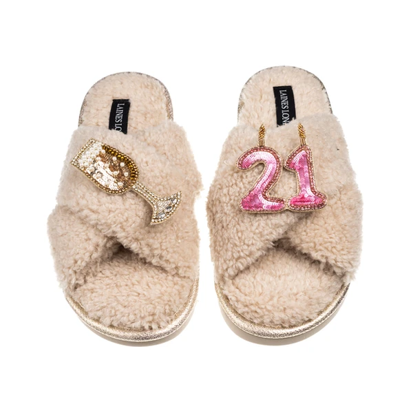 laines london Laines Neutral Boucle Slippers With 21ST Birthday & Champers Brooches