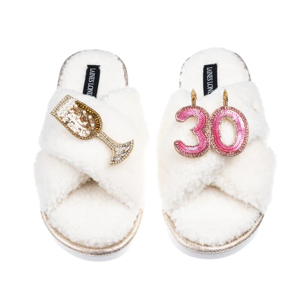 Laines London Laines Neutral Boucle Slippers With 30TH Birthday & Champers Brooches