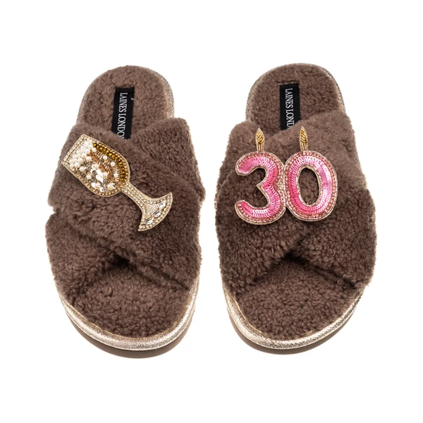 Laines London Laines Neutral Boucle Slippers With 30TH Birthday & Champers Brooches
