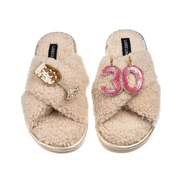 Laines London Laines Neutral Boucle Slippers With 30TH Birthday & Champers Brooches