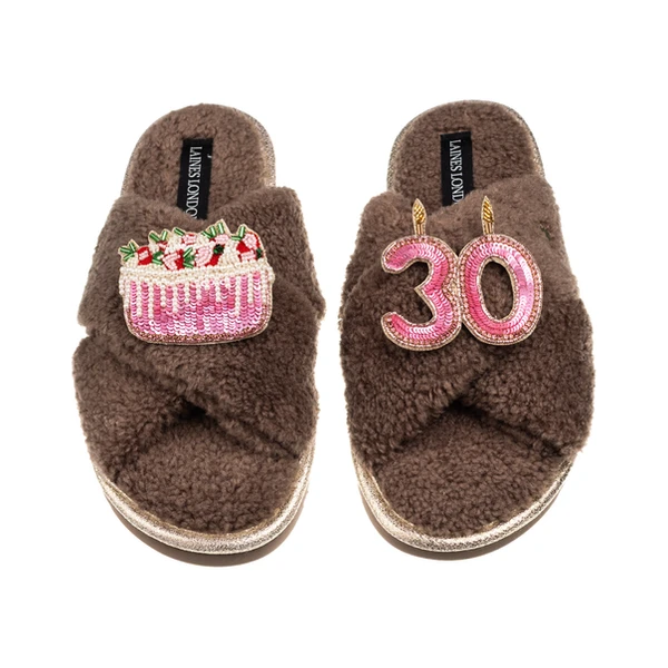 Laines London Laines Neutral Boucle Slippers With 30TH Birthday & Cake Brooches