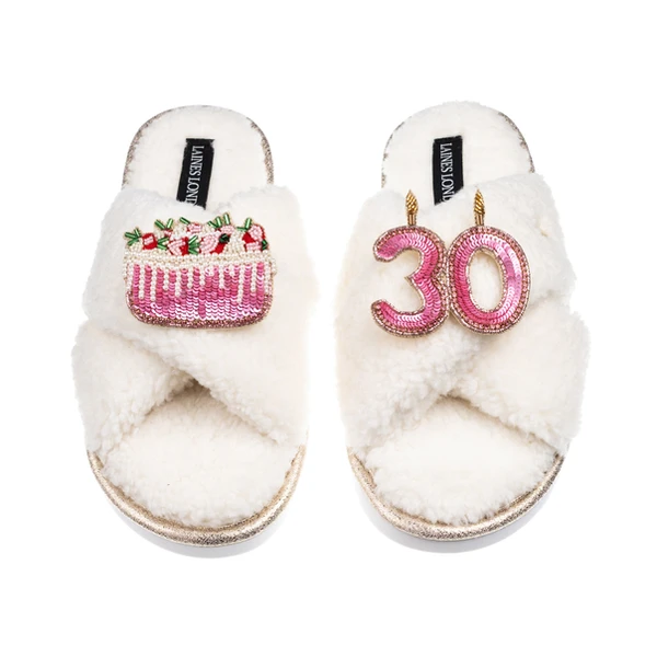 Laines London Laines Neutral Boucle Slippers With 30TH Birthday & Cake Brooches