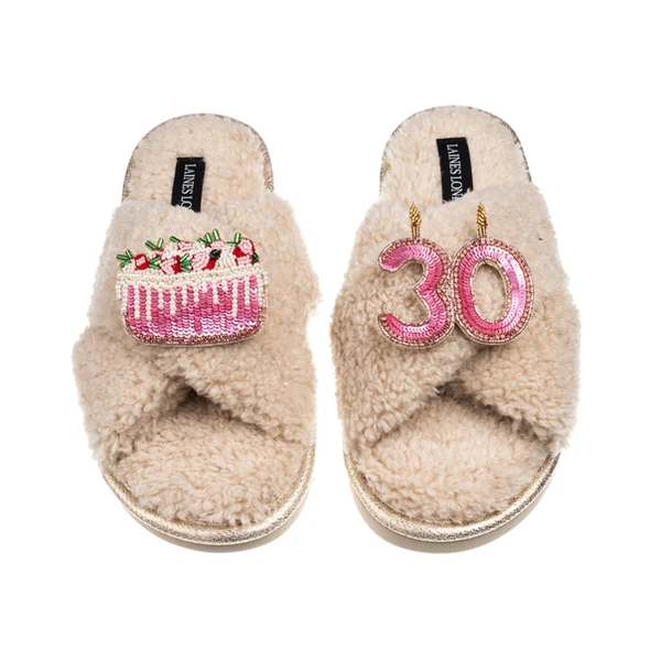 Laines London Laines Neutral Boucle Slippers With 30TH Birthday & Cake Brooches