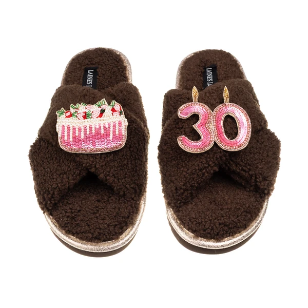 laines london Laines Neutral Boucle Slippers With 30TH Birthday & Cake Brooches