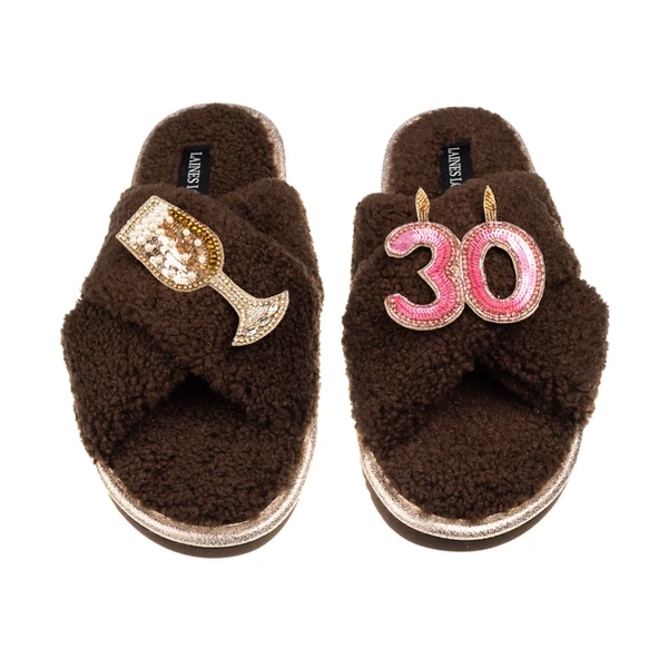 laines london Laines Neutral Boucle Slippers With 30TH Birthday & Champers Brooches