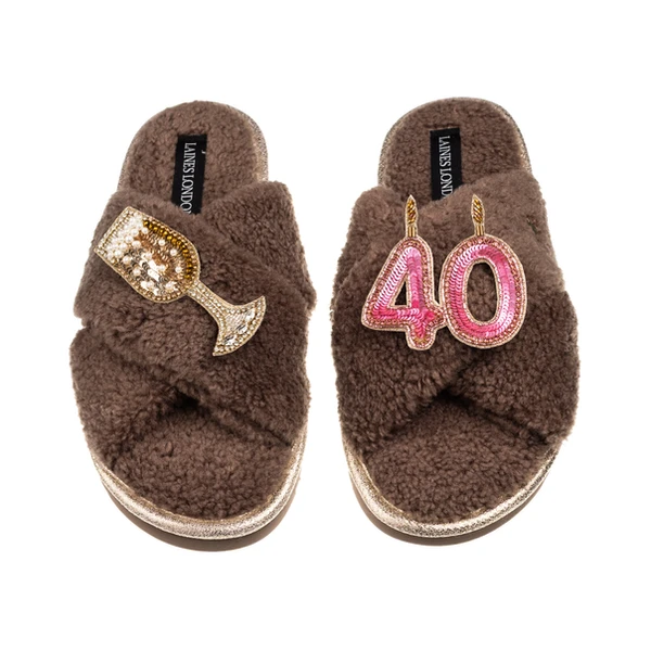 Laines London Laines Neutral Boucle Slippers With 40TH Birthday & Champers Brooches