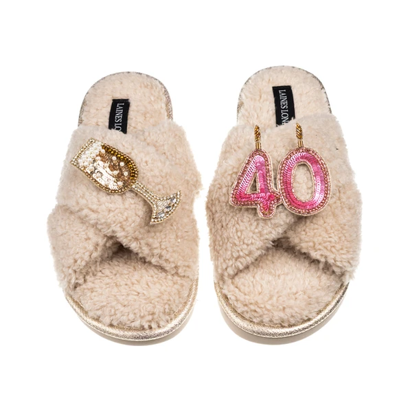 Laines London Laines Neutral Boucle Slippers With 40TH Birthday & Champers Brooches