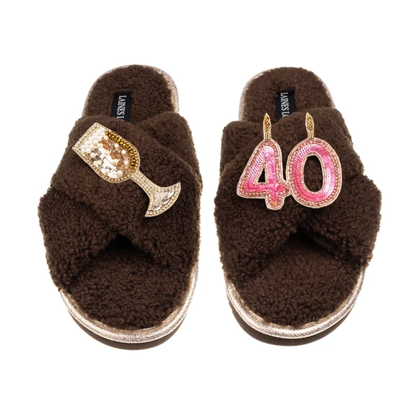 Laines London Laines Neutral Boucle Slippers With 40TH Birthday & Champers Brooches