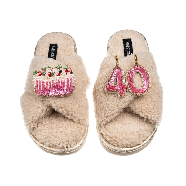 Laines London Laines Neutral Boucle Slippers With 40TH Birthday & Cake Brooches