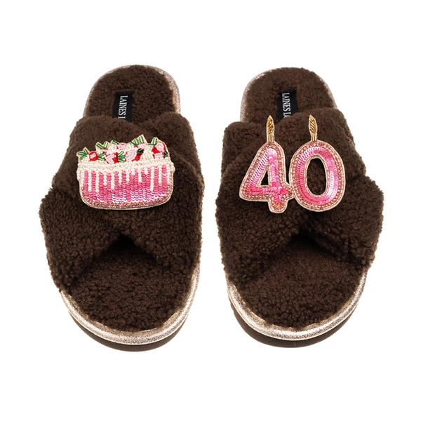 Laines London Laines Neutral Boucle Slippers With 40TH Birthday & Cake Brooches