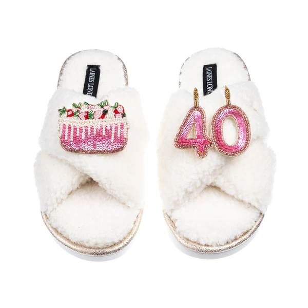 laines london Laines Neutral Boucle Slippers With 40TH Birthday & Cake Brooches