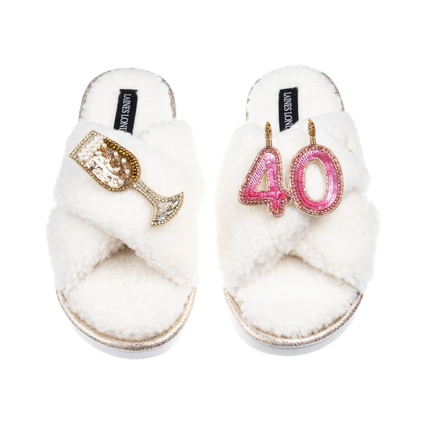 laines london Laines Neutral Boucle Slippers With 40TH Birthday & Champers Brooches