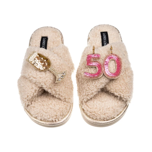 Laines London Laines Neutral Boucle Slippers With 50TH Birthday & Champers Brooches