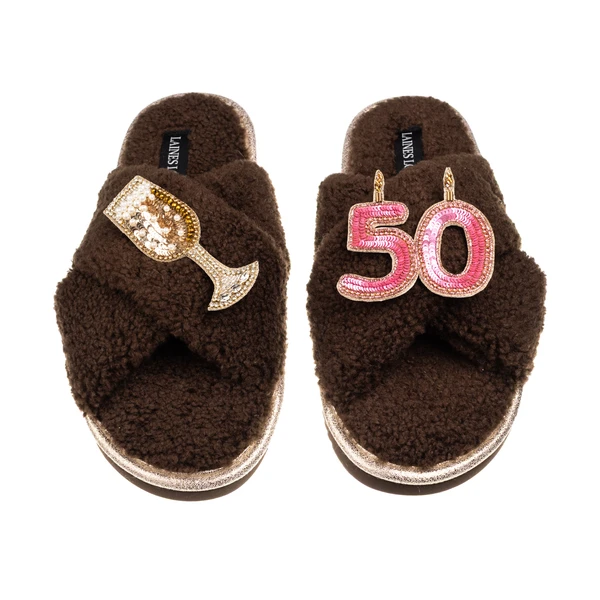 Laines London Laines Neutral Boucle Slippers With 50TH Birthday & Champers Brooches