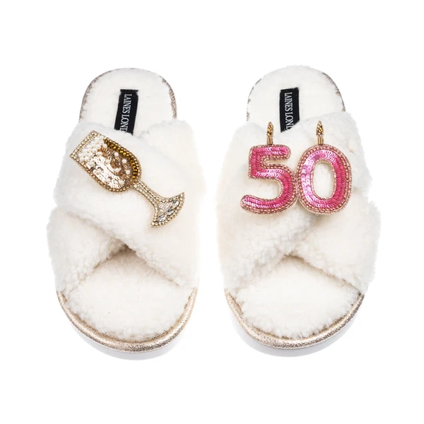 Laines London Laines Neutral Boucle Slippers With 50TH Birthday & Champers Brooches