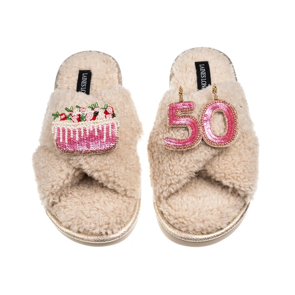 Laines London Laines Neutral Boucle Slippers With 50TH Birthday & Cake Brooches