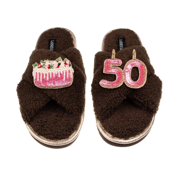 Laines London Laines Neutral Boucle Slippers With 50TH Birthday & Cake Brooches