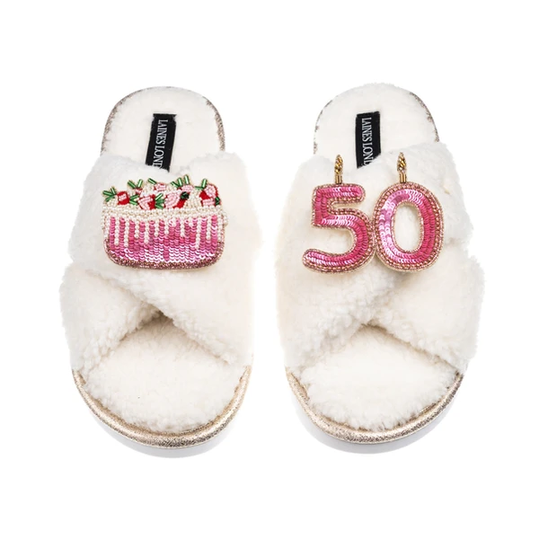 Laines London Laines Neutral Boucle Slippers With 50TH Birthday & Cake Brooches