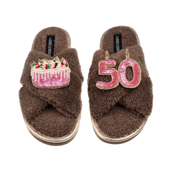 laines london Laines Neutral Boucle Slippers With 50TH Birthday & Cake Brooches