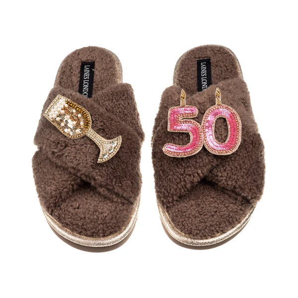 laines london Laines Neutral Boucle Slippers With 50TH Birthday & Champers Brooches