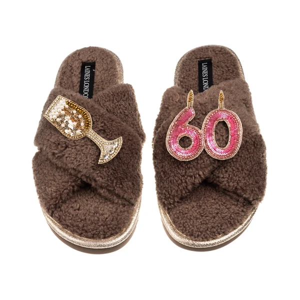 Laines London Laines Neutral Boucle Slippers With 60TH Birthday & Champers Brooches