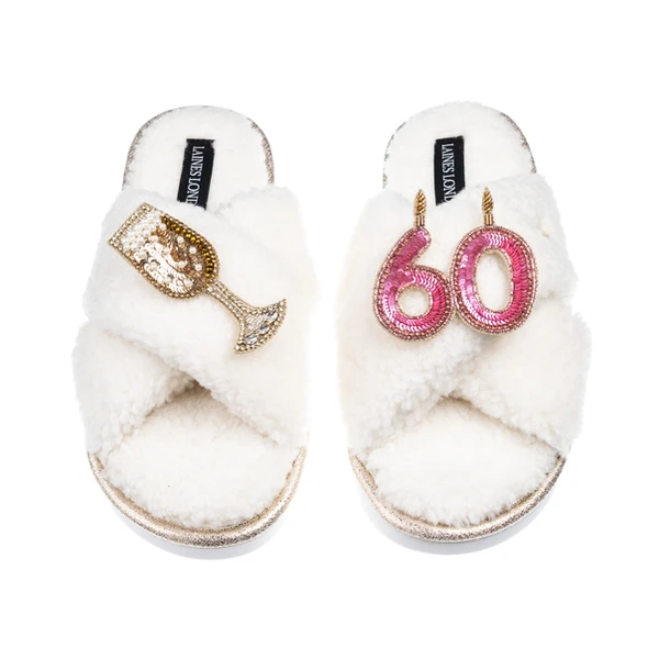Laines London Laines Neutral Boucle Slippers With 60TH Birthday & Champers Brooches
