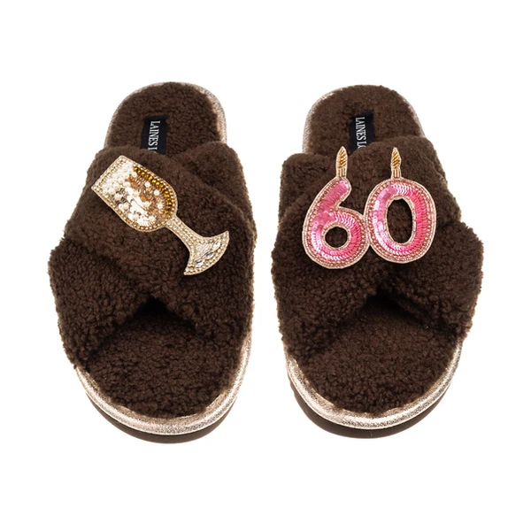 Laines London Laines Neutral Boucle Slippers With 60TH Birthday & Champers Brooches