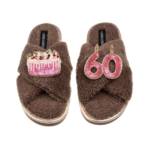 Laines London Laines Neutral Boucle Slippers With 60TH Birthday & Cake Brooches