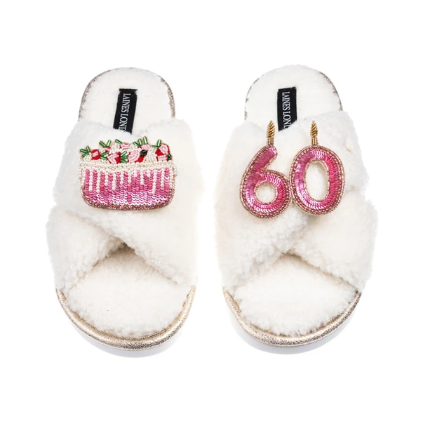 Laines London Laines Neutral Boucle Slippers With 60TH Birthday & Cake Brooches