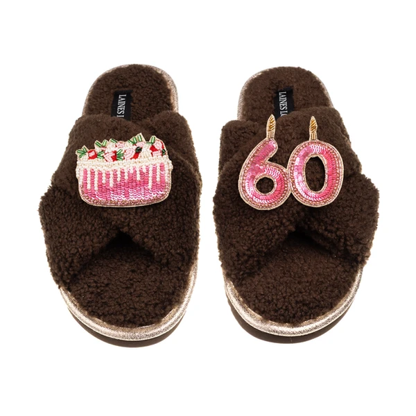 Laines London Laines Neutral Boucle Slippers With 60TH Birthday & Cake Brooches