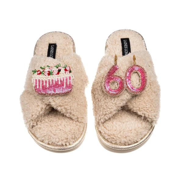 laines london Laines Neutral Boucle Slippers With 60TH Birthday & Cake Brooches