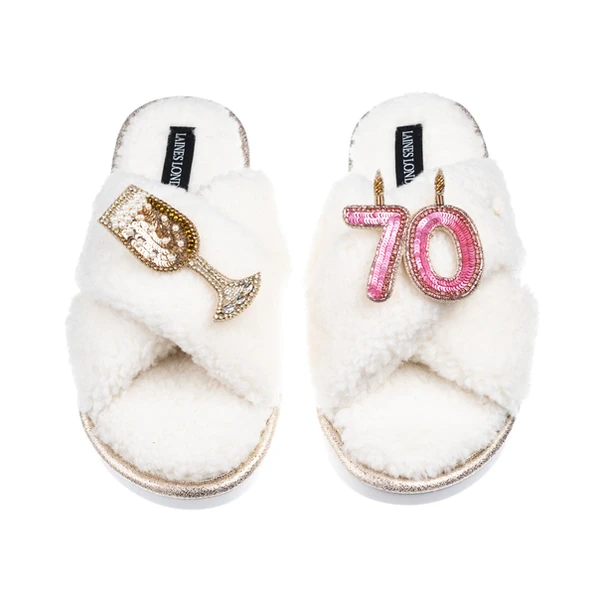 Laines London Laines Neutral Boucle Slippers With 70TH Birthday & Champers Brooches