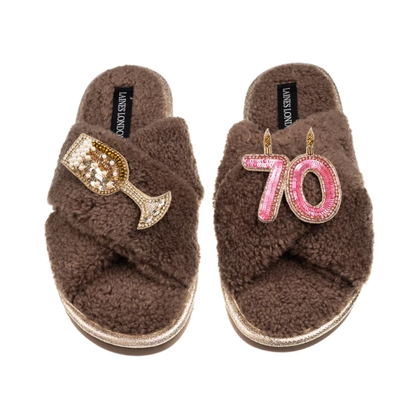 Laines London Laines Neutral Boucle Slippers With 70TH Birthday & Champers Brooches
