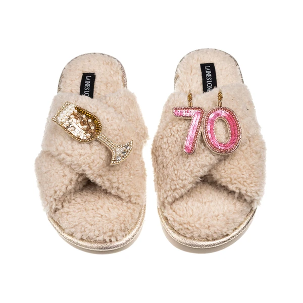 Laines London Laines Neutral Boucle Slippers With 70TH Birthday & Champers Brooches