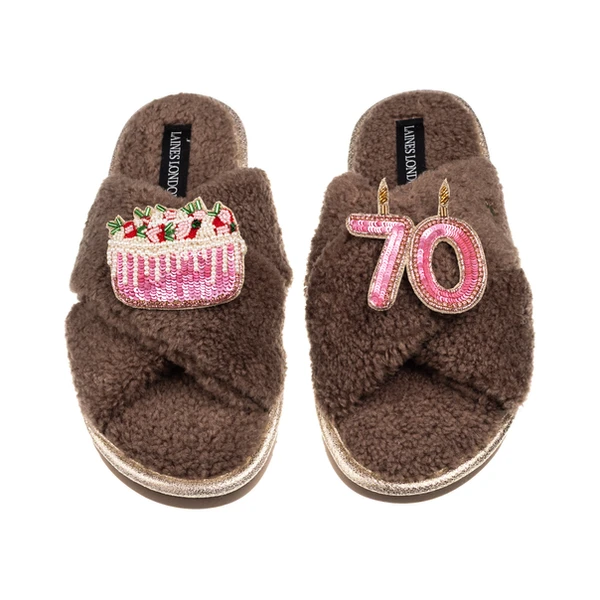 Laines London Laines Neutral Boucle Slippers With 70TH Birthday & Cake Brooches