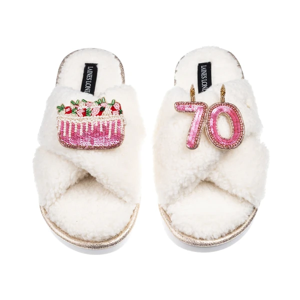 Laines London Laines Neutral Boucle Slippers With 70TH Birthday & Cake Brooches