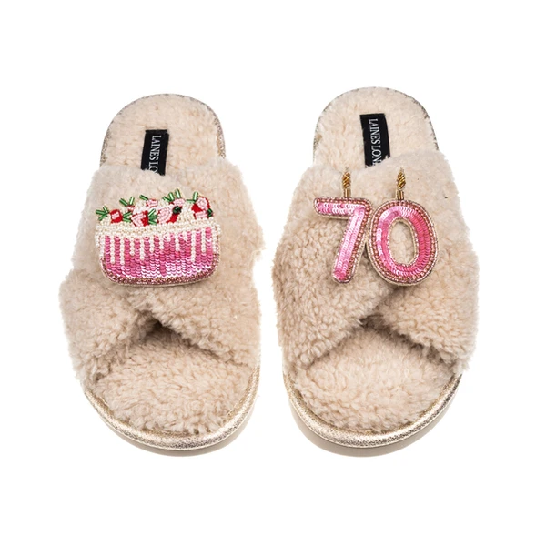 Laines London Laines Neutral Boucle Slippers With 70TH Birthday & Cake Brooches