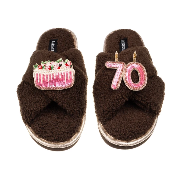 laines london Laines Neutral Boucle Slippers With 70TH Birthday & Cake Brooches