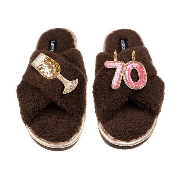 laines london Laines Neutral Boucle Slippers With 70TH Birthday & Champers Brooches