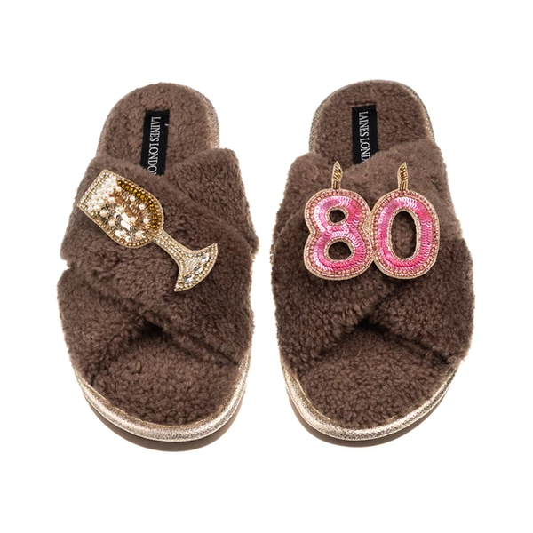 Laines London Laines Neutral Boucle Slippers With 80TH Birthday & Champers Brooches