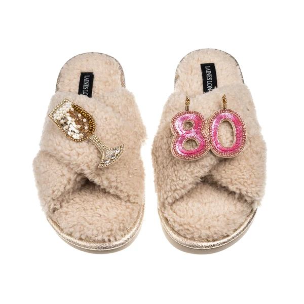 Laines London Laines Neutral Boucle Slippers With 80TH Birthday & Champers Brooches