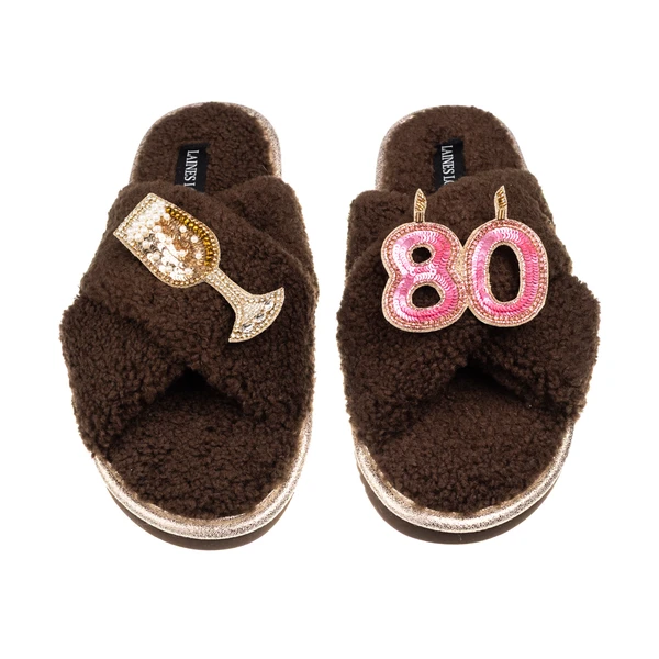 Laines London Laines Neutral Boucle Slippers With 80TH Birthday & Champers Brooches