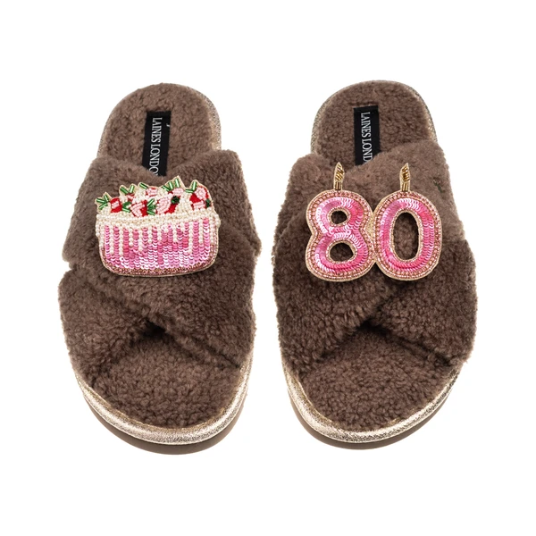 Laines London Laines Neutral Boucle Slippers With 80TH Birthday & Cake Brooches