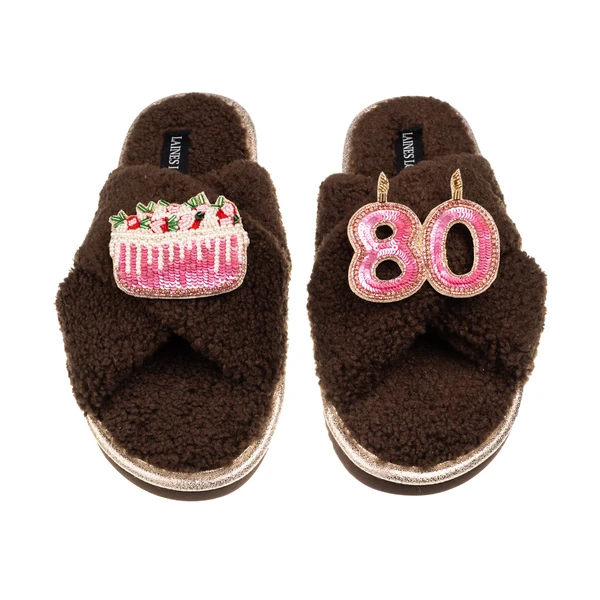 Laines London Laines Neutral Boucle Slippers With 80TH Birthday & Cake Brooches