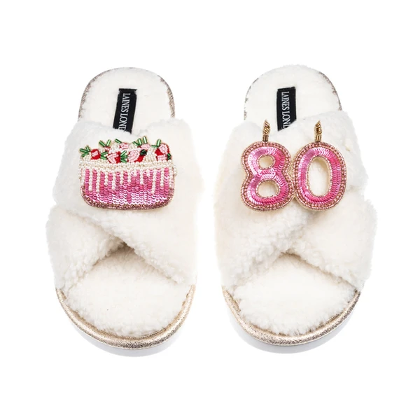 laines london Laines Neutral Boucle Slippers With 80TH Birthday & Cake Brooches